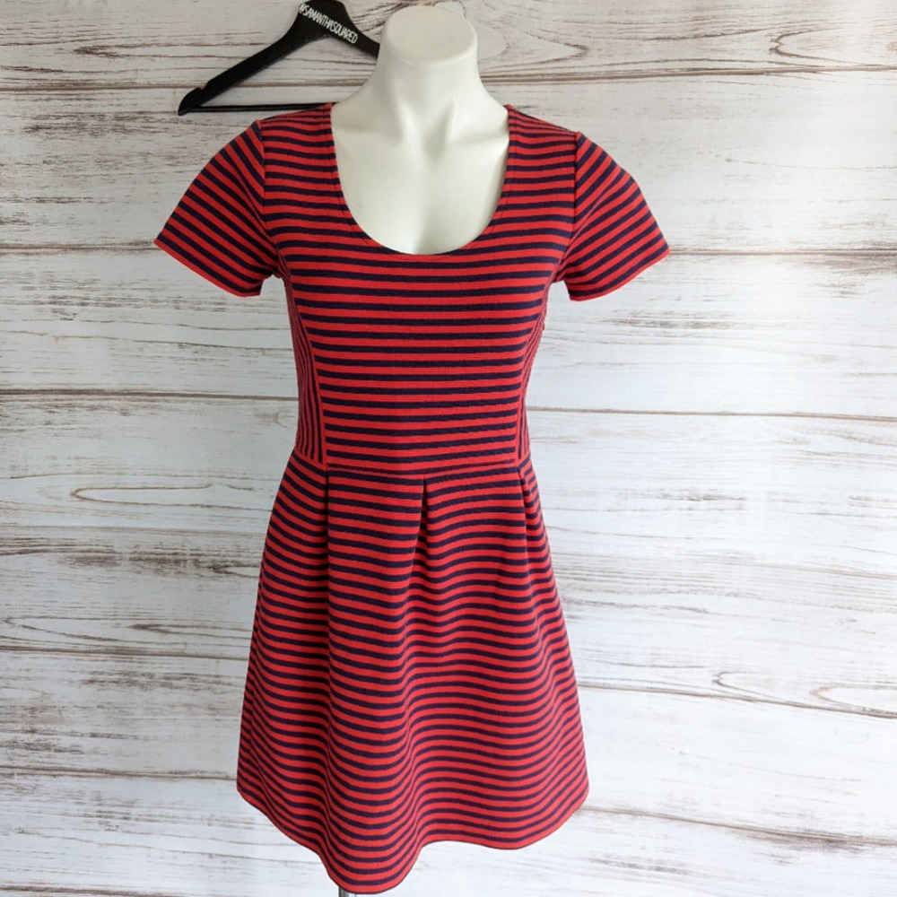 J. Crew Factory Stripe Ribbed Knit Fit and Flare Short Sleeve Red Navy Dress 6